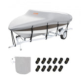 Boat Cover, 16`-18.5` Trailerable Waterproof Boat Cover, 600D Marine Grade PU Oxford, with Motor Cover and Buckle Straps, for V-Hull, Tri-Hull, Fish Ski Boat, Runabout, Bass Boat, Grey